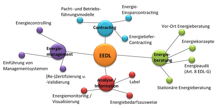 Schaubild zur Unterteilung der Energieeffizienzdienstleistungen in die Bereiche Contracting, Energieberatung, Analyse/Information und Energiemanagement