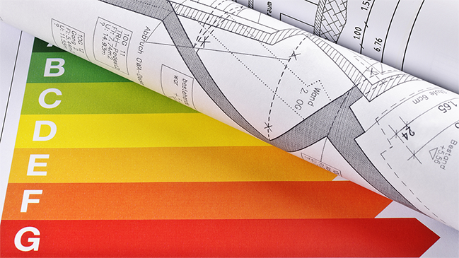 verweist auf: Informationsangebote zu Energieeffizienz Architektenplan und Energieeffizienzbalken (verweist auf: Informationsangebote zu Energieeffizienz)